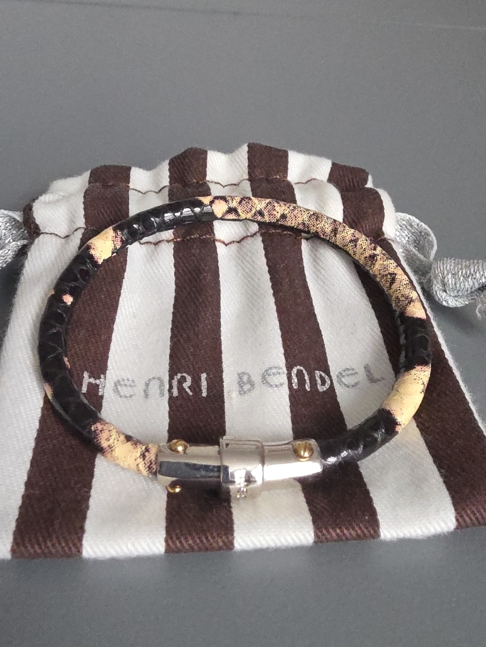 HENRI BENDEL Black & Tan Leather Bracelet with Silver Magnetic Clasp